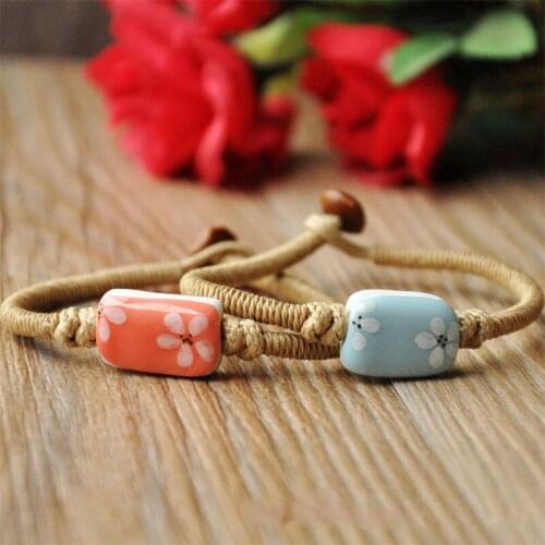 1 Piece Women Men Weave Rope Charm Bracelets Painting Flower Ceramic Beads Cuff Bangles Link Chains Wristbands Handmade Jewelry