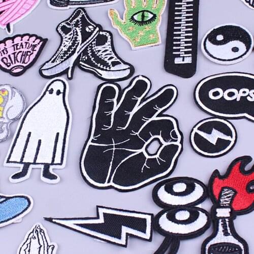 Black and White Rock Embroidery Patches For Clothing DIY Iron On Patches On Clothes Punk Ghost Hand OK Zipper Patch Custom Patch