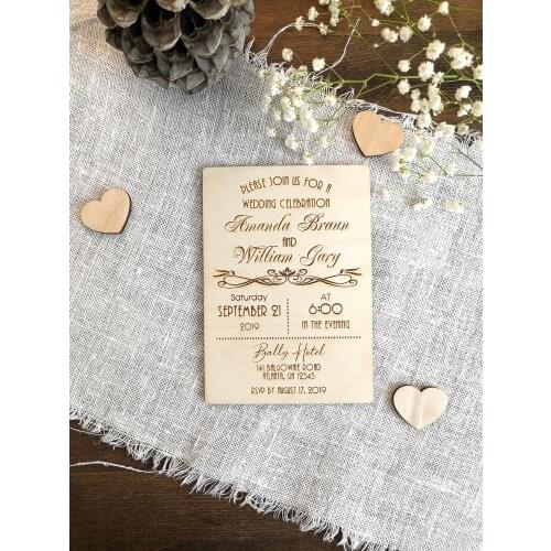 Wooden wedding invitation, rustic wedding invites, real wood wedding invitations, laser engraved invitation, your choice of wood