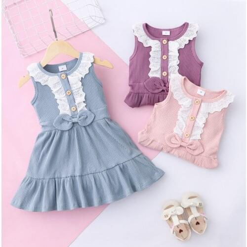 Baby Girls Summer Sundress Solid Color Lace Trim Round Neck Sleeveless Button Bow A-line Princess Dress Children Clothing