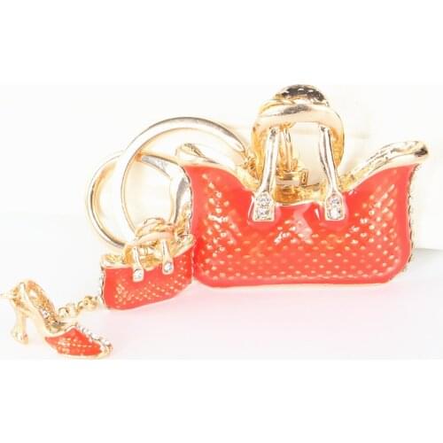 Two Orange Handbag High Heel Shoe New Fashion Cute Rhinestone Crystal Car Purse Key Chain Jewelry Great Gift