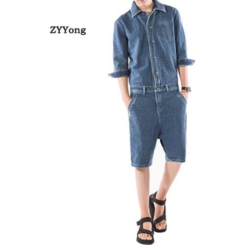 Summer Fashion Man Jeans Shorts Bib Overalls Streetwear Lapel Letter Denim Jumpsuits Trousers Leisure Brown Blue Freight Pants