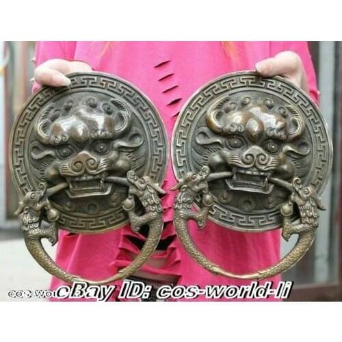 Folk Chinese Copper Bronze Guardian Lion Head Statue Temple Door Knocker Pair