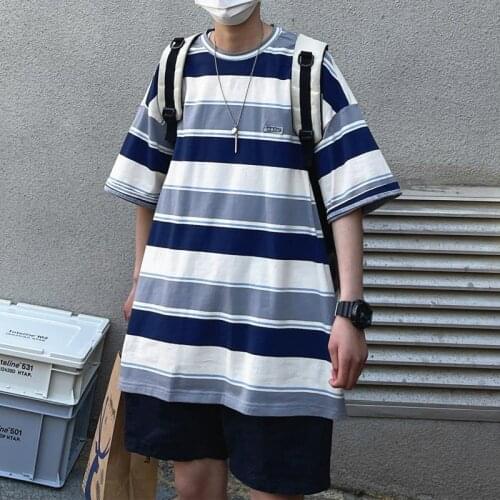 Oversized T-shirt Man Summer Short Sleeve Loose Striped Round Neck Korean Style Streetwear Harajuku Cotton Clothing Tee Shirt