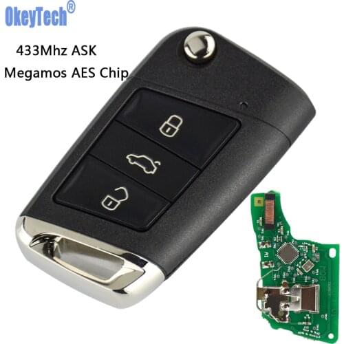OkeyTech Flip Remote Car Key 433Mhz For Volkswagen (MQB) With Megamos AES Chip 3 Buttons Free Shipping