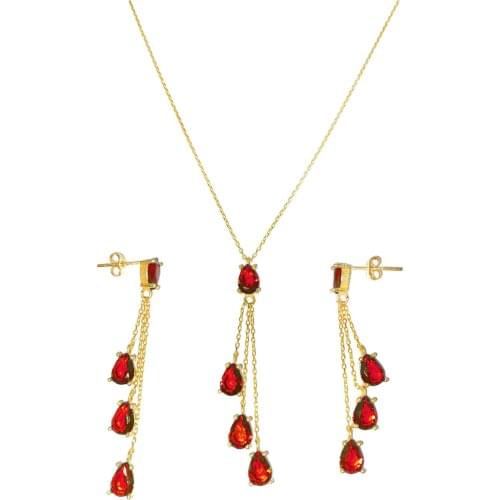 Red Color Garnet Stone Tassels Authentic 925 Sterling Silver Chain Dual Set Jewelry