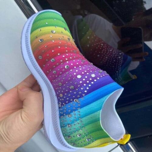 Summer Sneakers Women Flat Shoes Crystal Fashion Bling Sneakers Casual Slip On Sock Trainers Ladies Vulcanize Shoes Basket Femme