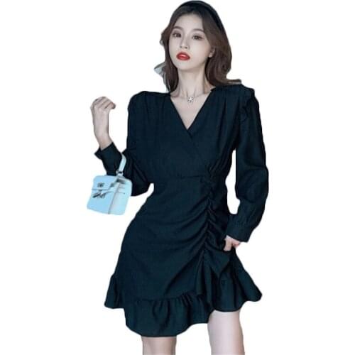 Fashion Plus Size Womens Korean Temperament Slim Dress 2021 Spring Autumn New Long Sleeve Slim V-neck Dress 214A