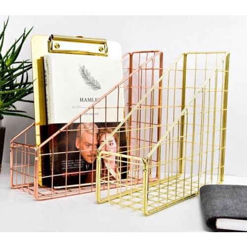 Rose Gold Electroplated Iron Book Holder Desktop Shelf File Box Magazine Book Stand Office Home Stationery Organizer Holder