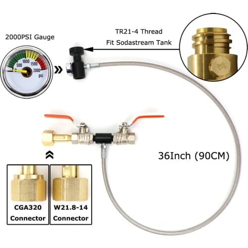 NEW Sodastream Deluxe Dual Valve CO2 Fill Refill Station Charging Adaptor With 3000PSI Gauge 37Inch Hose CGA320 & W21.8-14