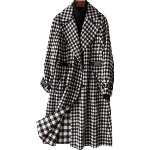 New fashion double face woolen women plaid long overcoat leather wiast belt spliced S-XL