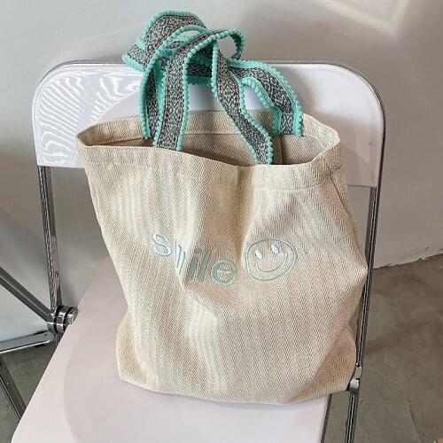 Embroidered Smile Casual Fashion Canvas Handbags for Women Bag Simple Stripes Shoulder Bags Student Shopping Travel Tote Bags