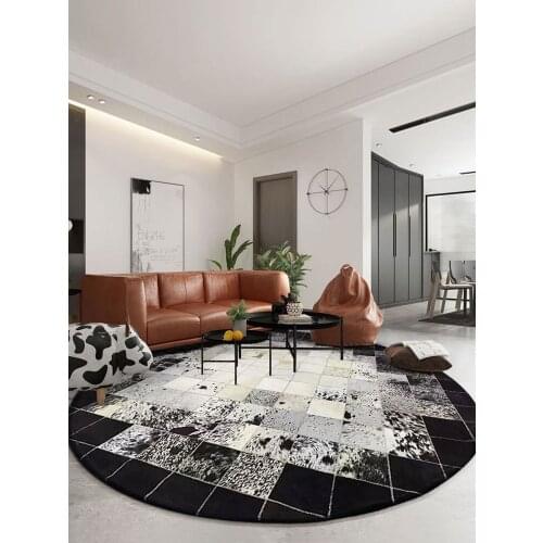 Luxury Black and White Cowhide Seamed Rug Real Natrual Cowskin Carpet Living Room Bedroom Decorative Round Mat
