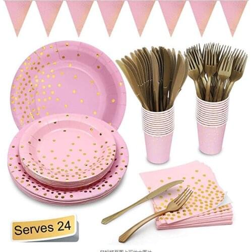 Pink Party Party Decoration Disposable Bronzing Knife Fork Spoon Paper Cup Paper Plate Tableware Decoration
