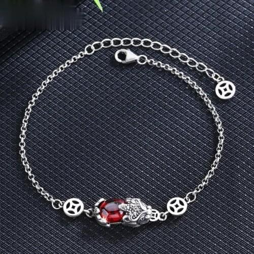 Vintage Silver Color Womens Pi Xiu Bracelet Red Gems Chain Bracelet for Feng Shui Wealth Healthy Bracelet Good Lucky Jewelry