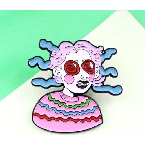 Funny Girls! Hip-hop Punk Big-haired Angry Medusa Girl Purple Hair Sweater Female Lapel Overcoat Enamel Brooch