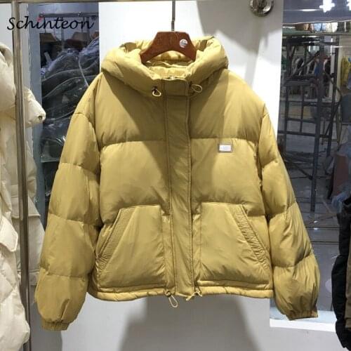 Schinteon Women White Duck Down Jacket Drawstring Loose Over Size Coat Short Autumn Winter Outwear with Hood 2021 New Fashion