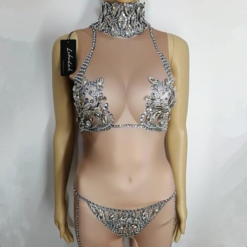 Nightclub Women DJ Singer Performance Costume Nude Glass Rhinestones Leotard Jumpsuit Bar Party Show Pole Dancing Stage Wear
