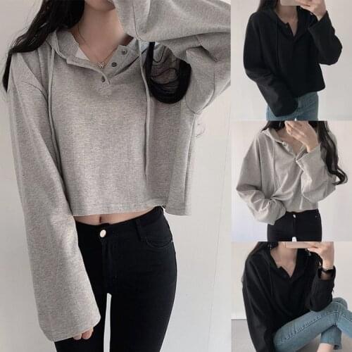 Womens Fashion Casual Solid Color Loose Long-Sleeve Hooded Long-Sleeve Sweater