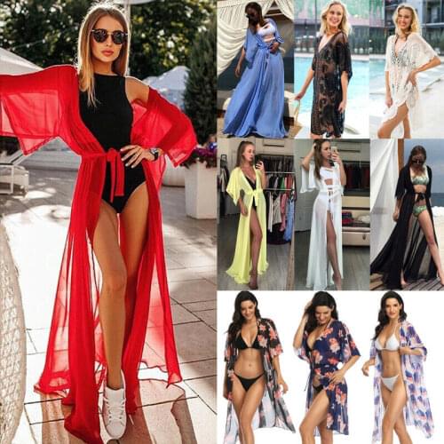Women Bikini Long Cover Up Cardigan Swimwear Beach Bathing Maxi Long Dress Women Sexy Perspective Cardigan Tie Knot Dress