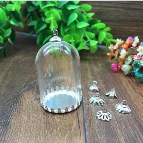 5sets/lot 38*25mm tube glass globe silver tiny crown base beads cap glass vial pendant fashion necklace pendant glass dome
