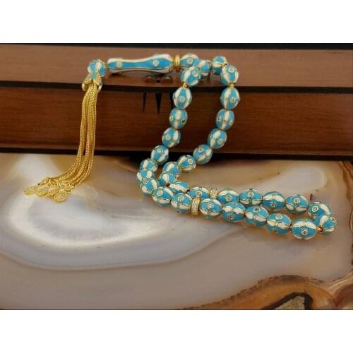 925 Sterling Silver Blue Enemal 33 Piece Tasbih Special Design Islamic Gift, Masterwork Muslim Prayer Beads Masbaha, Subha