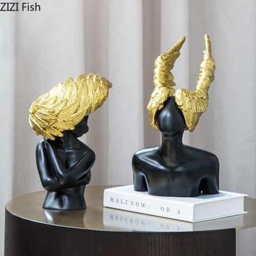 Golden Wing Abstract Figures Angel Resin Figurines Desk Decor Ornaments Creativity Character Sculpture Living Room Decoration