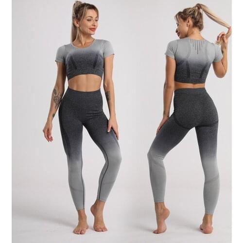Seamless Gradient Dyed Yoga Set Sports Fitness High Waist Hip-liftting Trousers Suits Workout Clothes Gym Leggings Set for Women