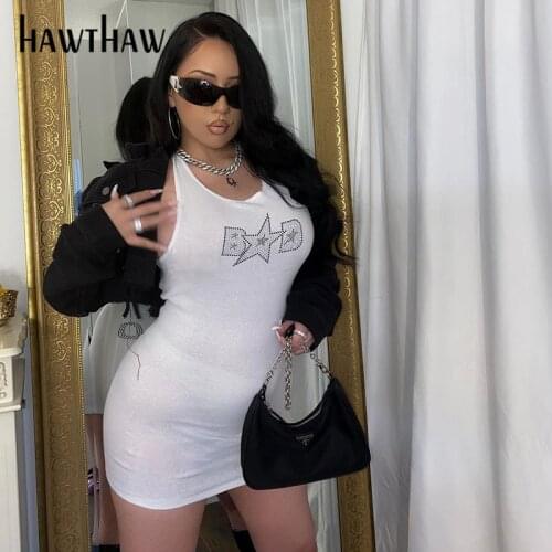 Hawthaw Women Summer Fashion Letter Print Bodycon Party Package Hip Soild Color Tank Mini Dress Sundress 2021 Female Clothing