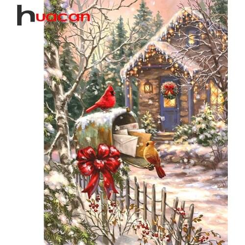 Huacan Full Diamond Embroidery Bird Diamond Painting Full Square/Round Winter Mosaic House Handmade Gift Christmas Decoration