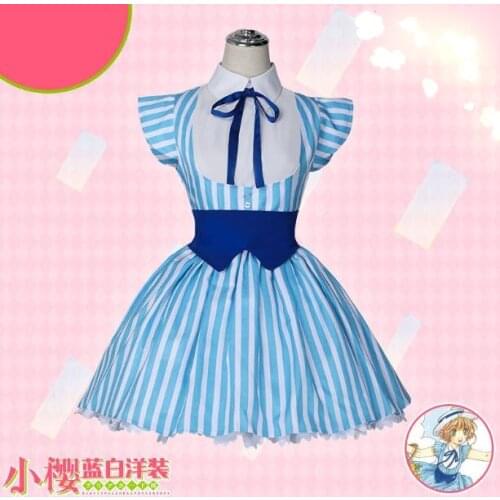 Card Captor Cos clothing sakura little wolf blue and white striped dress cosplay costume female
