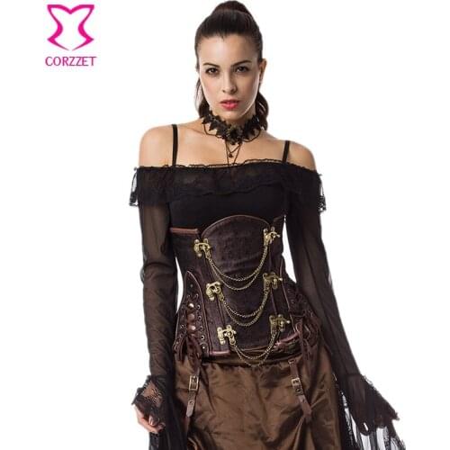 Brown Steel Boned Steampunk Corset Underbust Gothic Clothing Corsets And Bustiers Vintage Burlesque Costume Corselet Plus Size
