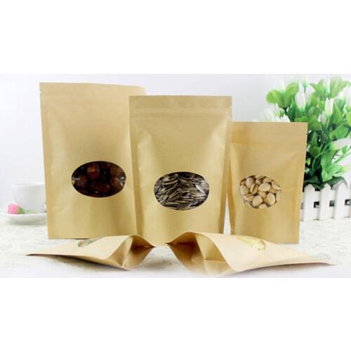 300pcs Round Brown Kraft Paper Bags For Gifts/candy/tea/food/wedding With Window Stand Up Zipper Kraft Bags Crafts Packing Bag