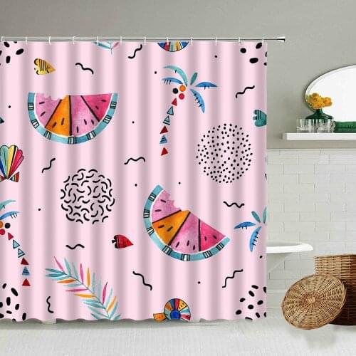Summer Theme Shower Curtain Tropical Plant Palm Tree Lemon Watermelon Fruit Design Bathroom Decor With Hook Waterproof Screen