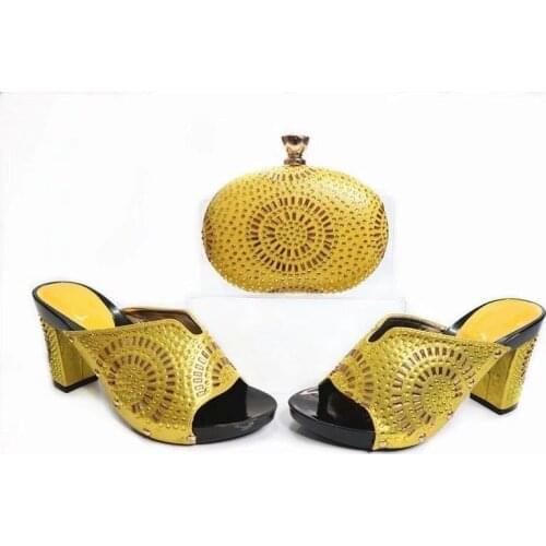 Hot sale yellow women kitten heel shoes with rhinestone decoration african shoes match handbag set for dress X21