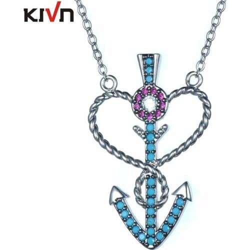 KIVN Fashion Jewelry Pave CZ Cubic Zirconia Womens Girls Blue Anchor Wedding Pendant Necklaces Christmas Birthday Gifts
