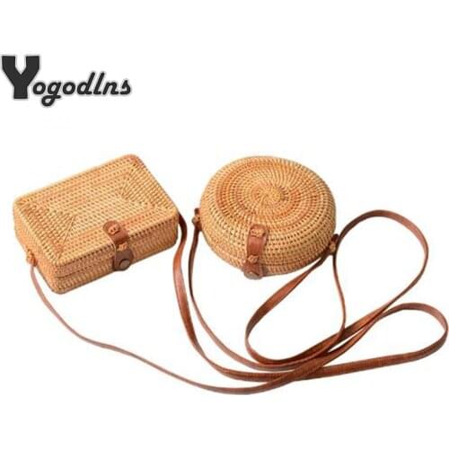 Fashion Women Summer Rattan Bags Round Square Straw Bag Handmade Woven Beach Crossbody Bags Circle Bohemia Bali Handbags