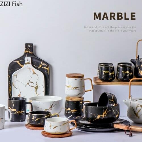 Marble Gold Inlay Ceramic Platter Dinner Plate Tray with Handle Tableware Dinner Marble Pattern Western Tableware Set Home Decor