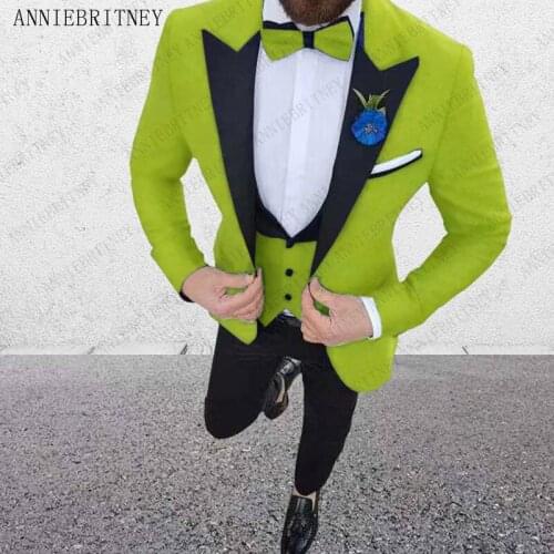 ANNIEBRITNEY Green Yellow Suits Men Set Custom Wedding Groom Tuxedo 2019 Suit For Men 3 pieces Fashion Blazer (Jacket+Pants+Vest