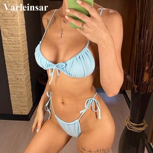 New Sexy Wrinkled Mini Thong Bikini Female Swimsuit Women Swimwear Two-pieces Bikini set Padded Bather Bathing Suit Swim V2999B