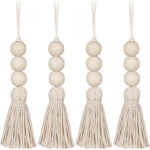 4 Pcs Tassel Wood Beads Ornaments Cotton Line Decorative Door Handle Decor Tassel Bead Pendant for Cabinet Closet Porch