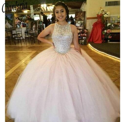 Crystal Sequin Quinceanera Dresses Puffy Tulle Pink Ball Gown Vestidos 15 anos Sweet 16 Party Pageant Dresses Open Back