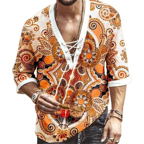 Plus Size Men T-Shirt Spring/Summer Fashion Casual Half Sleeve V Neck Floral Print Chest Lace-up Shirt T-shirt Top
