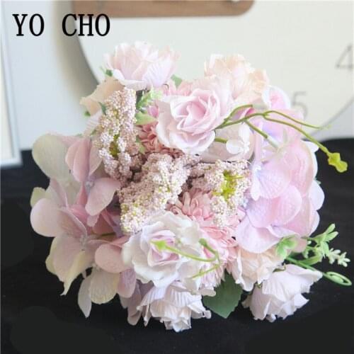 Mixed Artificial Rose Hydrangea Silk Flowers Bouquet Fake Pompon for Wedding Bride Party Fake Flowers Bouquet Home Garden Decor