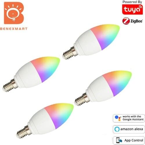 Benexmart 4 Pcs Dimmable Lamp E14 Smart Candle Bulb Tuya Zigbee 3.0 Led Light Bulb RGBCW Alexa Google Home Smartthings 460lm