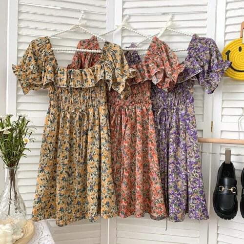 Croysier Vintage Floral Print Dress Women Summer Vacation Beach Dress Ruffle Square Neck Short Puff Sleeve Casual Mini Dress