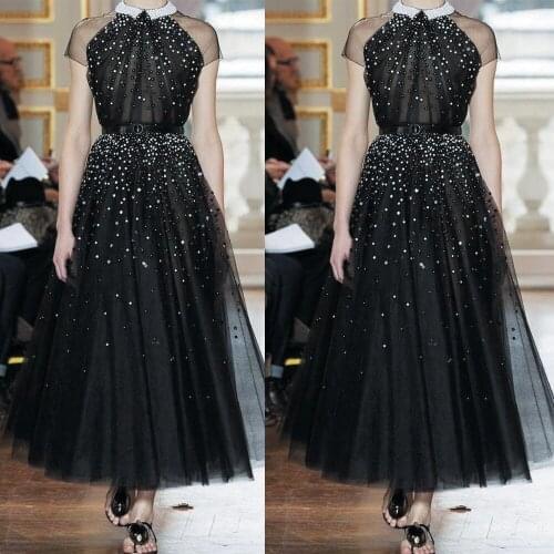 SuperKimJo Vintage Black Prom Dresses 2020 Ankle Length Beaded Peals Short Sleeve Cheap Prom Gown Vestido Graduacion Largo