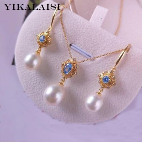 YIKALAISI 925 Sterling Silver Jewelry For Women 8-9mm Drop Shaped Natural Freshwater Pearl Blue Opal Sets Wholesale