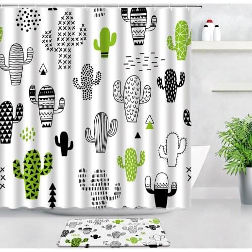 Cute Cactus Shower Curtains Bath Mats Set Tropical Green Plants Cartoon Children Bedroom Door Pads Bathroom Carpet Non-slip Rugs