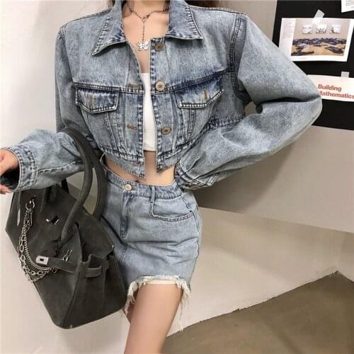 Autumn Women Denim Cropped Jacket Female Pockets Long Sleeve Jean Jackets With Ladies Denim Skirt Button Casual Solid Coats